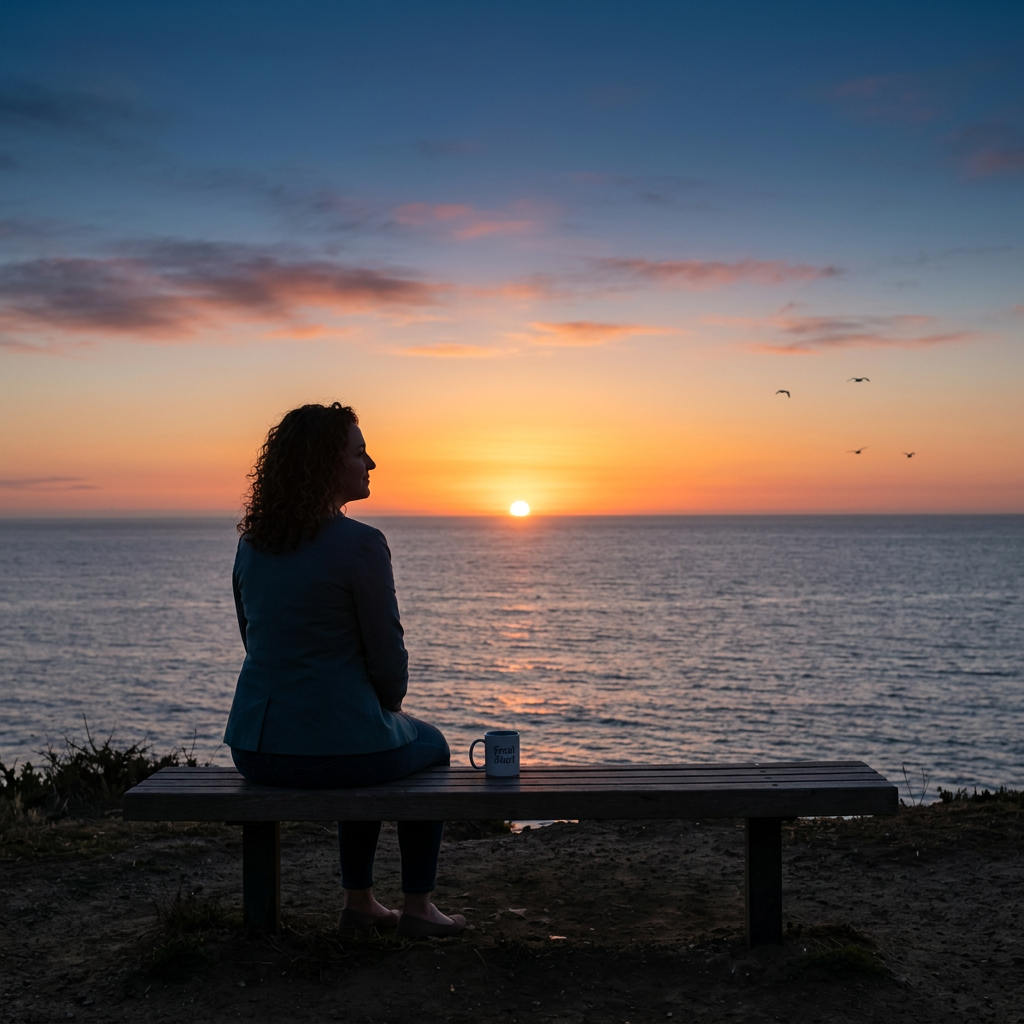 Woman sitting on bench by ocean during sunset with mug nearby